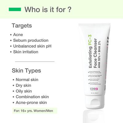 Cos-IQ Exfoliating Face Wash FC 3 AHA Glycolic Acid and BHA Salicylic Acid 2 percent ww Face Cleanser For Unisex 100 ml - Scrubs & Exfoliants