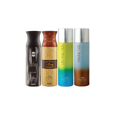 Ajmal 1 Carbon Homme, 1 Wisal Dhahab, 1 Distraction And 1 Magnetize Deodorants Pack of 4 200 ml - Deodorants/Roll-Ons
