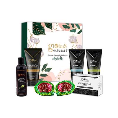 Globus Naturals Charcoal Diwali Glow Gift Box -Face Wash 100gm, Face Scrub 100gm, Peel Off Mask 100gm, Charcoal Shampoo 200ml and Soap 100gm 1's - Makeup Kits & Sets
