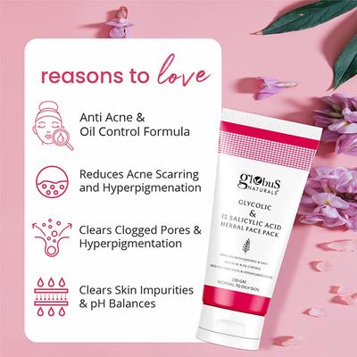 Globus Naturals Anti Acne Glycolic & 1 % Salicylic Acid Face Pack, for Acne Prone & Oily Skin 100 gm - Masks & Peels