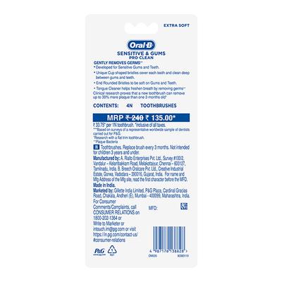 Oral-B Sensitive & Gums Pro Clean Toothbrush 4's - Toothbrushes