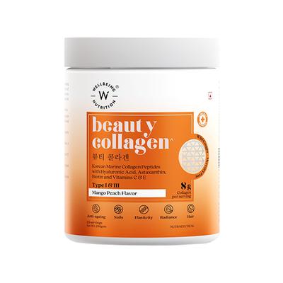 Wellbeing Nutrition Beauty Pure Marine Collagen with Hyaluronic Acid Supplements - Mango Peach Flavor 250 gm - Hair & Skin