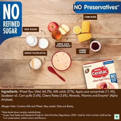 Nestle Cerelac Baby Food Cereal No Refined Sugar - Wheat Apple Cherry (For 8 to 24 Months Baby) (Refill Pack) 350 g - Baby And Infant Supplements
