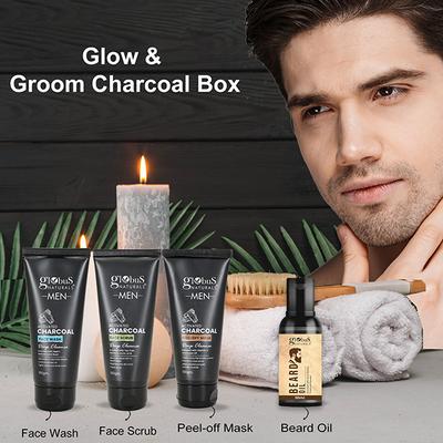 Globus Naturals Glow and Groom Charcoal Box, Box Includes - Charcoal Men Face Wash 100gm, Face Scrub 100gm, Peel Off Mask 100gm, Beard Oil 50ml 1's - Creams, Lotions & Oils