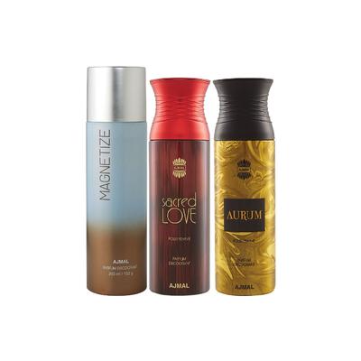 Ajmal 1 Magnetize For Men & Women, 1 Sacred Love For Women And 1 Aurum Femme For Women High Quality Deodorants Combo (Pack Of 3) 600 ml - Perfumes (Edt/Edp)