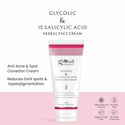 Globus Naturals Glycolic & 1% Salicylic Acid Herbal Anti Acne Face Cream, Liquorice & Oats 100 gm - Face Moisturizers