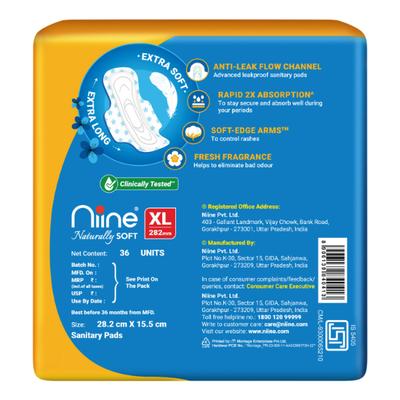 NIINE Naturally Soft Sanitary Napkins XL (282mm) 36's - Sanitary Napkins