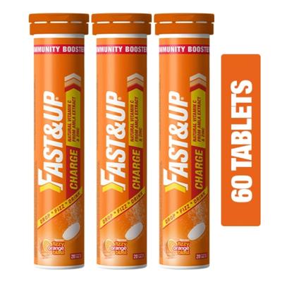 Fast&Up Charge Natural Vitamin C From Amla Extract & Zinc Effervesent Tablet - Fizzy Blast Orange Flavour (Pack of 3 x 20's) - Vitamin C