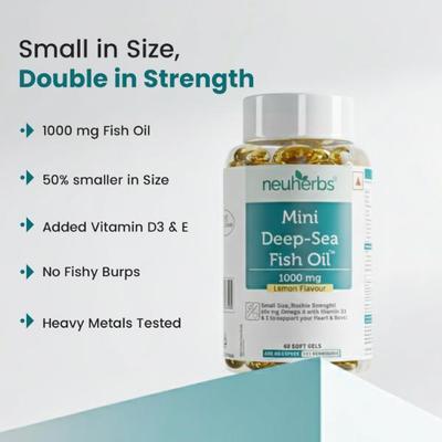 Neuherbs Mini Deep - Sea Fish Oil 1000 mg SoftGels - Lemon Flavour 60's - Omega Fish Oil Fatty Acids