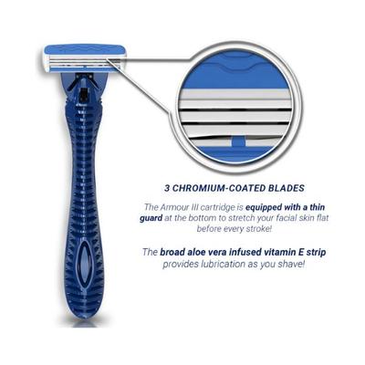 Zlade Armour III Triple-Blade Razor for Men - 1 Razor Handle + 4 Cartridges Broad Lubricating Strip with Aloe Vera 1's - Razors & Cartridges