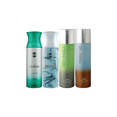 Ajmal 1 Raindrops Femme, 1 Avid Homme, 1 Nightingale And 1 Magnetize Deodorants Pack of 4 200 ml - Deodorants/Roll-Ons