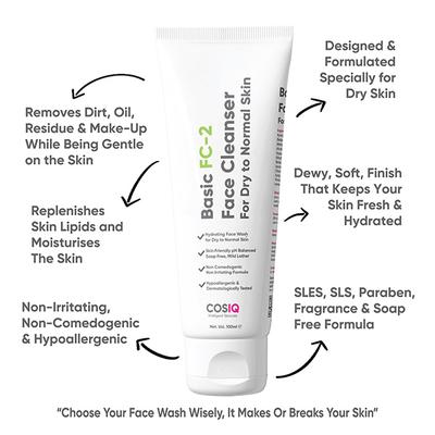 Cos-IQ FC 2 Face Cleanser for Dry Skin Hydrating Face Wash with Salicylic Acid 2 percent ww Non Comedogenic Non Irritating Formula for unisex 100 ml - Face Wash & Cleansers