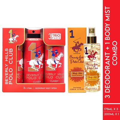 Beverly Hills Polo Club Classy Men Deo No.1 Trio Pack + Evoking Gardenia No.1 Women Body Mist Set 1's - Deodorants/Roll-Ons