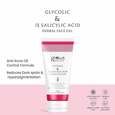 Globus Naturals Glycolic & 1% Salicylic Acid Herbal Anti Acne Face Gel, 100ml each 2's - Masks & Peels