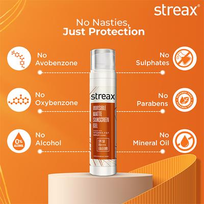Streax Invisible Matte Gel Sunscreen SPF 50 PA+++, spf 50 , dry skin & combination skin 50 g - Face Sunscreen