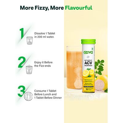 OZiva ACV Moringa for Weight Loss, 3-in-1 Fat Oxidation Formula, Lemon Masala 15's - Weight Loss