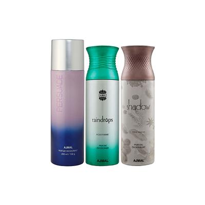 Ajmal 1 Persuade, 1 Raindrops Femme And 1 Shadow Him Deodorants Pack of 3 200 ml - Deodorants/Roll-Ons