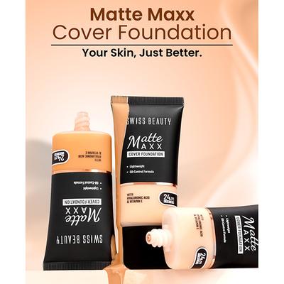 Swiss Beauty Matte Maxx Cover Foundation, 24- Hour Stay, with Hyaluronic Acid & Vitamin E, Oil-Control Formula 5- Neutral Sand 30 gm - Foundation