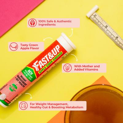 Fast&Up Apple Cider Vinegar ACV With Mother Vitamin B6 & B12 Effervescent Tablet - Green Apple Flavour 15's - Apple Cider Vinegar - Acv