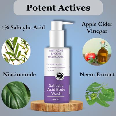 Dermistry Anti Acne 1% Salicylic Acid Body Wash 200 ml + Anti Acne Pits And Scar Remover Face Serum 30 ml - Lotions & Creams
