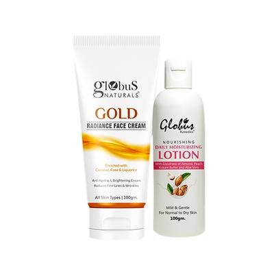 Globus Naturals Creamy Dream Body Care Combo Daily Moisturizing Body Lotion and Gold Face Cream 200 gm - Creams, Lotions & Oils
