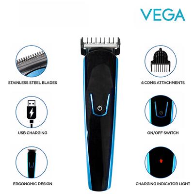 Vega T4 Beard Trimmer for Men with 4 Comb Attachment- 0.5mm - 7mm, 45 Mins Runtime, Black (VHTH-15) 1's - Trimmers
