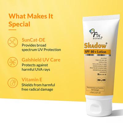 Fixderma Shadow Sunscreen SPF 80+ PA++++ Lotion - Sunscreen for Oily Skin & Dry Skin, Sun Screen Protector SPF 80 75ml - Face Sunscreen