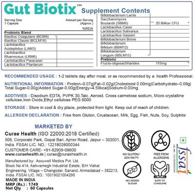 Curae Health Gut Biotix Probiotics and Prebiotics Capsules 60's - Digestive Health