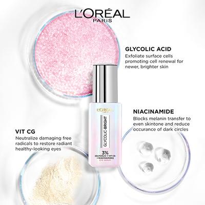 Loreal Paris Glycolic Bright Dark Circle Eye Serum with 3% (Glycolic + VIT CG + Niacinamide) 20 ml - Face Gels