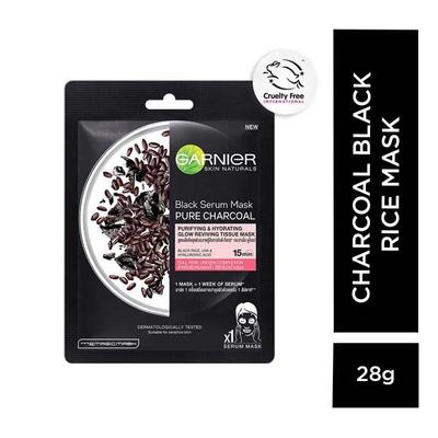 Garnier Black Rice Pure Charcoal Black Serum Mask Face Serum Sheet Mask for Women 28 gm - Face Serum