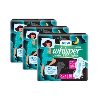 Whisper Bindazzz Nights Sanitary Pads for Women, XL+ 15 Napkins 3's - Sanitary Napkins