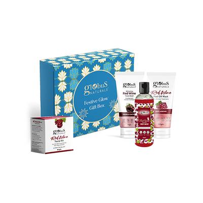 Globus Naturals Wine Infusion Luxury Spa Ritual Gift Box, Box Includes - Red Wine Body Wash 100ml + Red Wine Face Wash 75gm+ Red Wine Facial Kit 40gm + Peel Off Mask 100gm 1's - Creams, Lotions & Oils