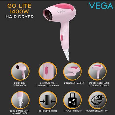 VEGA Go Lite 1400w & Foldable Hair Dryer (VHDH-19) Pink 1's - Hair Dryers