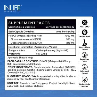 INLIFE Omega 3 Double Strength Fish Oil 1000 mg Capsules 60's - Omega Fish Oil Fatty Acids