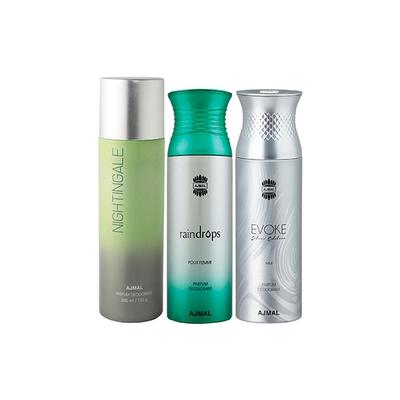 Ajmal 1 Nightingale, 1 Raindrops Femme And 1 Evoke Silver Edition For Him Deodorants Pack of 3 200 ml - Deodorants/Roll-Ons