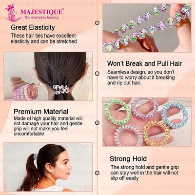 Majestique Spiral Hair Ties For Thick Hair Elastic No Crease Hair Coils Waterproof Ponytail Holders - Multicolor 5's - Hair Clips/Bands