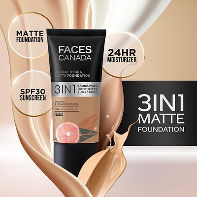 Faces Canada All Day Hydra Matte Foundation 3-In-1 Foundation + Moisturizer + SPF 30 24 Hr Aloe Hydration & Vitamin C 10Hr Long Wear Absolute Ivory 012 25ml - Foundation