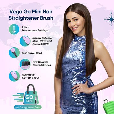 Vega Mini Hair Straightener Brush for Women with Thermoprotect Technology, Ceramic Coated Bristles & 2 Heat Settings, (Go Mini Series, VHSB-05) 1's - Hair Combs