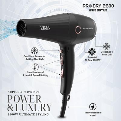 VEGA Professional Pro Dry 2600 Hair Dryer For Salon & Home, 4 Heat & 2 Speed Settings (VPPHD-11) 1's - Hair Dryers