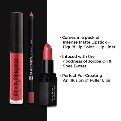 Star Struck By Sunny Leone Coralicious 3Pc Lip Kit (Lipstick + Lip Gloss + Lip Liner) 1's - Lipsticks