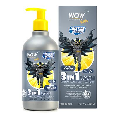 WOW Skin Science Kids 3 in 1 Wash - Shampoo + Conditioner + Body Wash - Caped Crusader Batman Edition 300 ml - Baby Body Wash