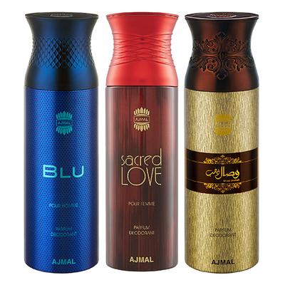 Ajmal Blu & Sacred Love & Wisal Dahab Deodorant Spray - For Men & Women (Pack Of 3) 200 ml - Perfumes (Edt/Edp)