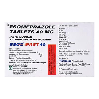 Esoz Fast 40mg Tablet 10'S - Ulcer/Reflux/Flatulence-Aaa