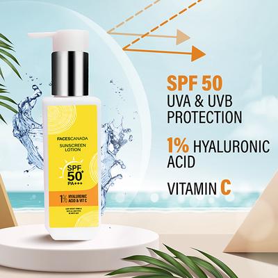 Faces Canada Sunscreen Lotion, SPF 50+ PA+++, Protects From Uva & UVB Rays, 1% Hyaluronic Acid & Vitamin C 100ml - Face Sunscreen
