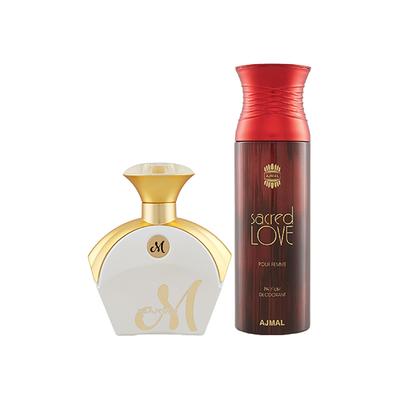 Maryaj M White For Her EDP Floral Fruity Perfume And Ajmal Sacred Love Deodorant Floral Musky Fragrance 290 ml - Women Perfumes (Edt/Edp)
