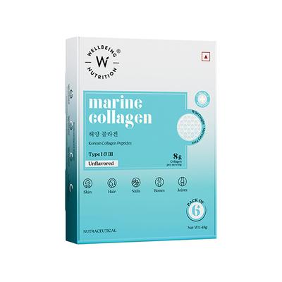 Wellbeing Nutrition Pure Korean Marine Collagen Supplements for Women and Men, Clinically Proven Type 1 and 3 Hydrolyzed Peptides Unflavored - 6 Sachets 48 gm - Multi-Vitamins