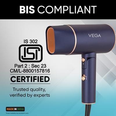 Vega Ionic 1400W Foldable Hair Dryer for Men and Women with 2 Heat/Speed Settings, (VHDH-35) 496 gm - Hair Dryers