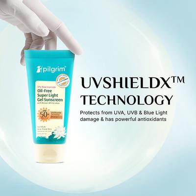 Pilgrim 5% Niacinamide Oil-Free Super Light Gel Sunscreen SPF 50+ PA++++ with Korean White Lotus 45 ml - Face Sunscreen