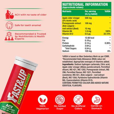 Fast&Up Apple Cider Vinegar ACV With Mother Vitamin B6 & B12 Effervescent Tablet - Green Apple Flavour 15's - Apple Cider Vinegar - Acv