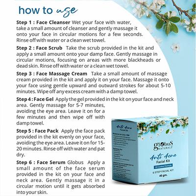 Globus Naturals Anti Acne 6 Step Facial Kit, for Oil Control & Unclogging Pore 40 gm - Facial Kits